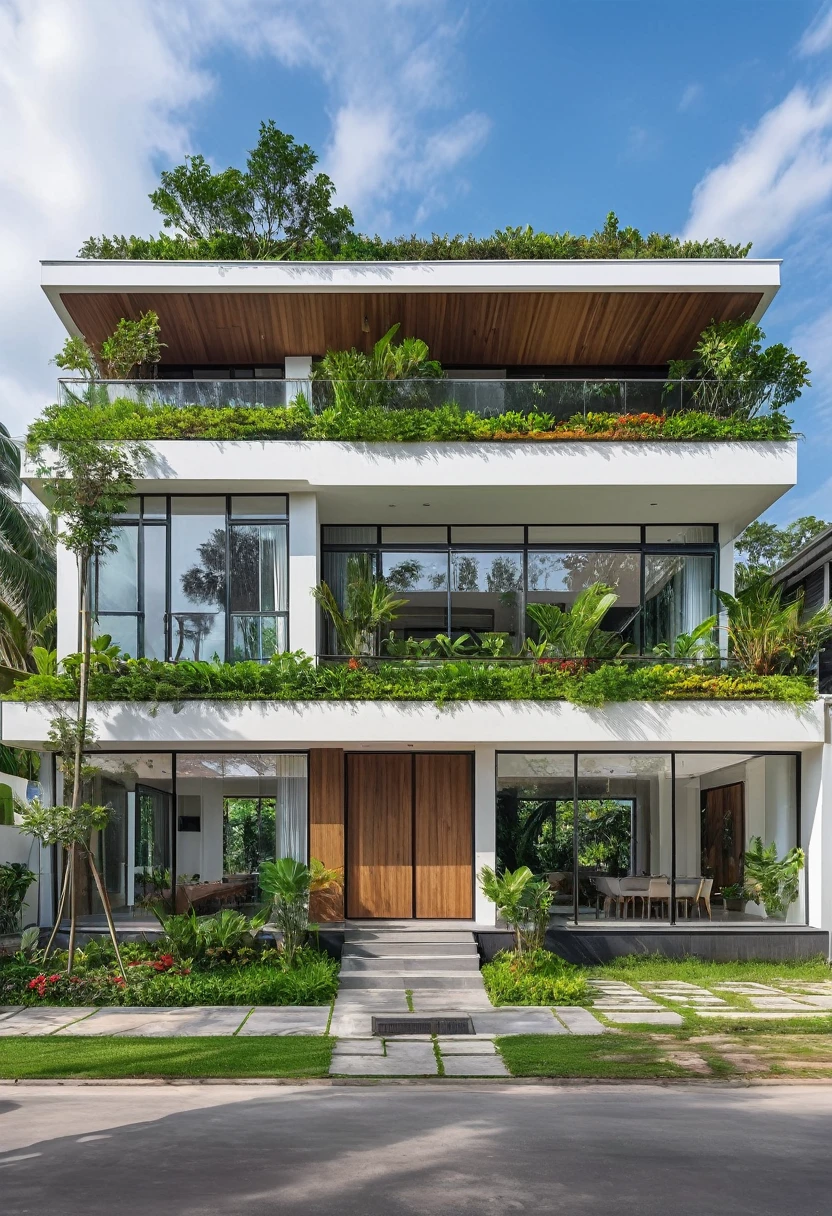 A hyper-realistic image of a modern house with a minimalist design, featuring a combination of wood and white materials. The house has a flat roof, large glass windows, and a balcony with a glass railing. The entrance is flanked by lush greenery and palm trees. There is a wooden gate in front and the garden includes various tropical plants. The overall ambiance is serene and contemporary, with detailed textures and realistic lighting, shadows, and reflections. The colors are vibrant and true to life, showcasing the natural beauty of the materials and the surrounding environment. Additionally, the house is surrounded by a well-maintained garden with various tropical plants and flowers, a clean street with a sidewalk, and a modern urban setting.