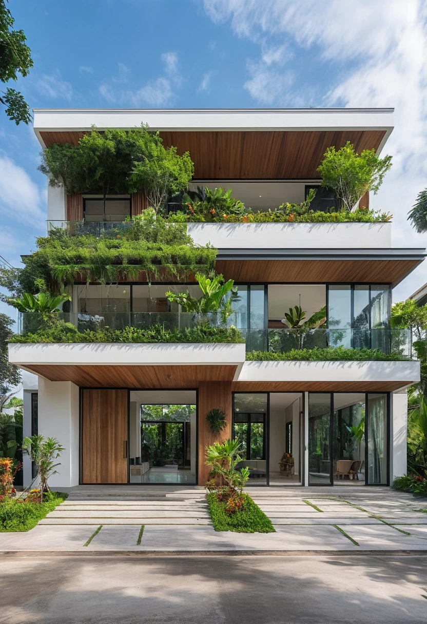 A hyper-realistic image of a modern house with a minimalist design, featuring a combination of wood and white materials. The house has a flat roof, large glass windows, and a balcony with a glass railing. The entrance is flanked by lush greenery and palm trees. There is a wooden gate in front and the garden includes various tropical plants. The overall ambiance is serene and contemporary, with detailed textures and realistic lighting, shadows, and reflections. The colors are vibrant and true to life, showcasing the natural beauty of the materials and the surrounding environment. Additionally, the house is surrounded by a well-maintained garden with various tropical plants and flowers, a clean street with a sidewalk, and a modern urban setting.
