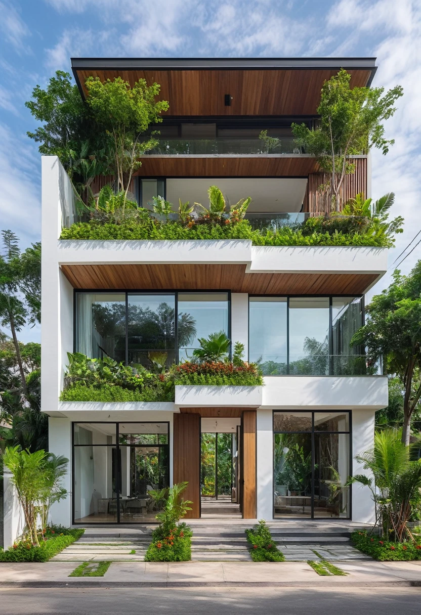 A hyper-realistic image of a modern house with a minimalist design, featuring a combination of wood and white materials. The house has a flat roof, large glass windows, and a balcony with a glass railing. The entrance is flanked by lush greenery and palm trees. There is a wooden gate in front and the garden includes various tropical plants. The overall ambiance is serene and contemporary, with detailed textures and realistic lighting, shadows, and reflections. The colors are vibrant and true to life, showcasing the natural beauty of the materials and the surrounding environment. Additionally, the house is surrounded by a well-maintained garden with various tropical plants and flowers, a clean street with a sidewalk, and a modern urban setting.