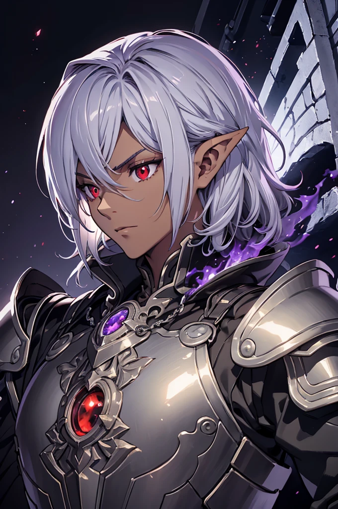 (Top quality details:1.22), 8K, High Resolution, Super detailed, High-quality texture, Intricate details, Detailed Texture, In detail, High detail, High Quality Shadows, Beautiful and kind eyes, Depth of written boundary, dark theme, 1boy, (dungeonpunk armor), (mechanical steampunk armor), (wearing armor), fantasy illustration, (dark skinned), human, upper body, portrait, red eyes, long white hair, half-drow, pointy ears, serious face, young man, dramatic lighting, purple hue, art by Kinema Citrus