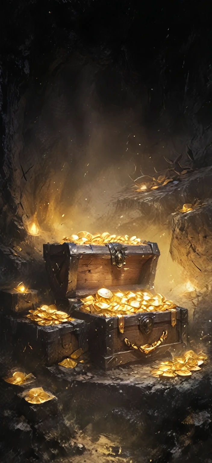 Photo of a chest of gold in a cave, Treasure背景, 黄金和Treasure, Treasure Box, Treasure,Detailed game art, Hearthstone concept art,Mobile game background, Detailed game art illustration, Treasure Box, stylized concept art