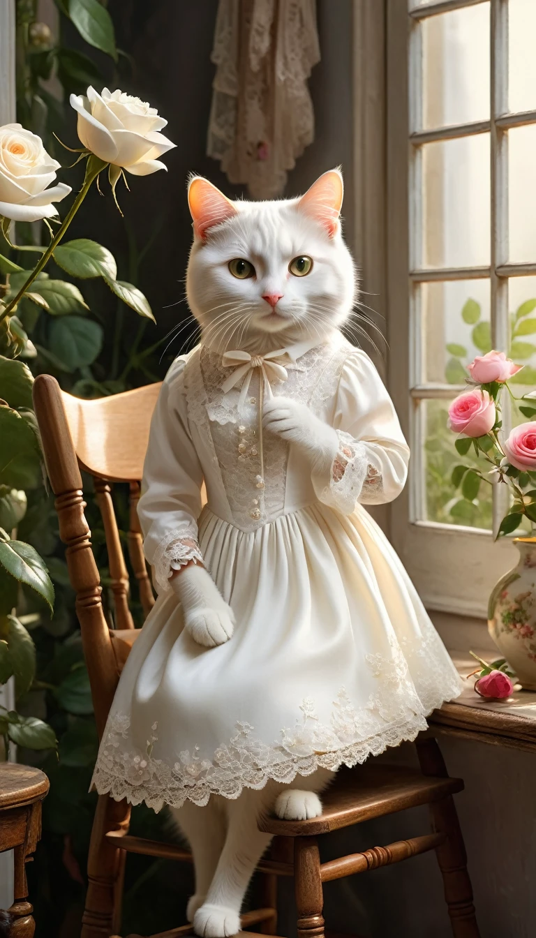 Realistic portrait of a dressed animal - a beautiful white cat, painter,(He is painting a picture of a rose flower on a standing canvas while sitting on a wooden chair by a window in an interior room surrounded by beautiful plants), high quality,(Lovely) ,Intricate details, Very detailed ((Elegant lace white floral one-piece dress) ,Antique photos、Nostalgia、Very detailed decorations,, (Happy), Natural light,Evening Light、Magic Hour(Full body image:1.5)