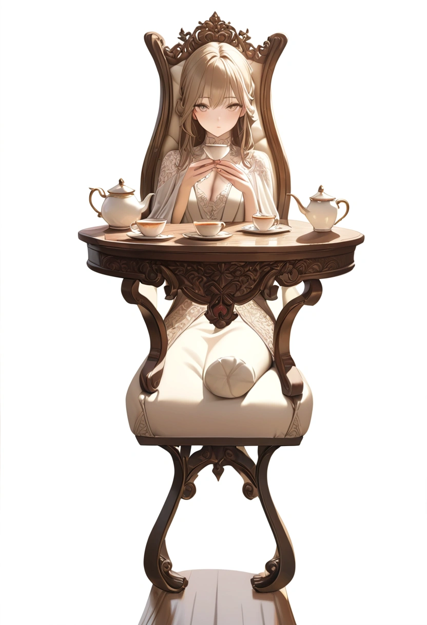 a person sitting in an elegant chair, beautiful cakes on an elegant wooden table, tea party, person sitting holding a teacup, enchanting gaze, 1girl, intricate details, high quality, photorealistic, oil painting, warm lighting, soft colors, detailed fabric textures, ornate decorations, classic elegant style, cinematic composition, dramatic lighting, masterpiece