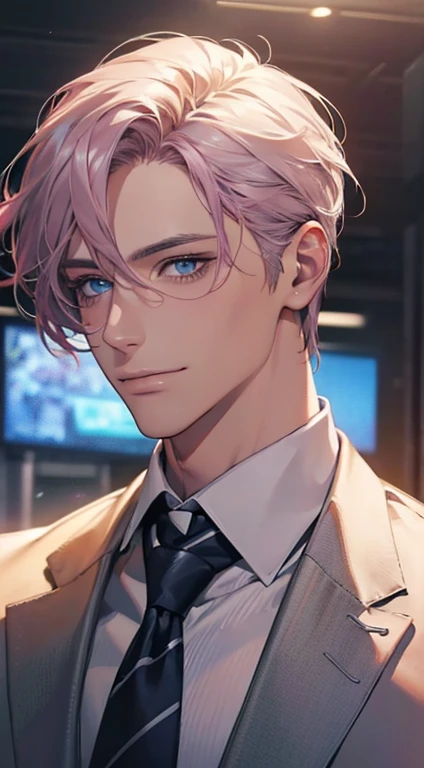 (Highest quality,4K,8K,High resolution,masterpiece:1.2),Super detailed,(Realistic,photoRealistic,photo-Realistic:1.37),1 person,31 years old,Mature Men,Beautiful skin、Profile、very handsome,Expressionless,smile,Short gray pink hair,blue eyes,Sharp Eyes,A perfect face without a doubt,Businessman,Office Background,Cinema Lighting,HDR image,tie、