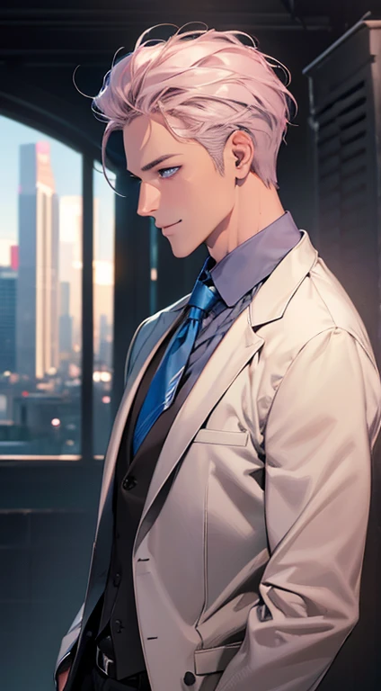 (Highest quality,4K,8K,High resolution,masterpiece:1.2),Super detailed,(Realistic,photoRealistic,photo-Realistic:1.37),1 person,31 years old,Mature Men,Beautiful skin、Profile、very handsome,Expressionless,smile,Short gray pink hair,blue eyes,Sharp Eyes,A perfect face without a doubt,Businessman,Office Background,Cinema Lighting,HDR image,tie、