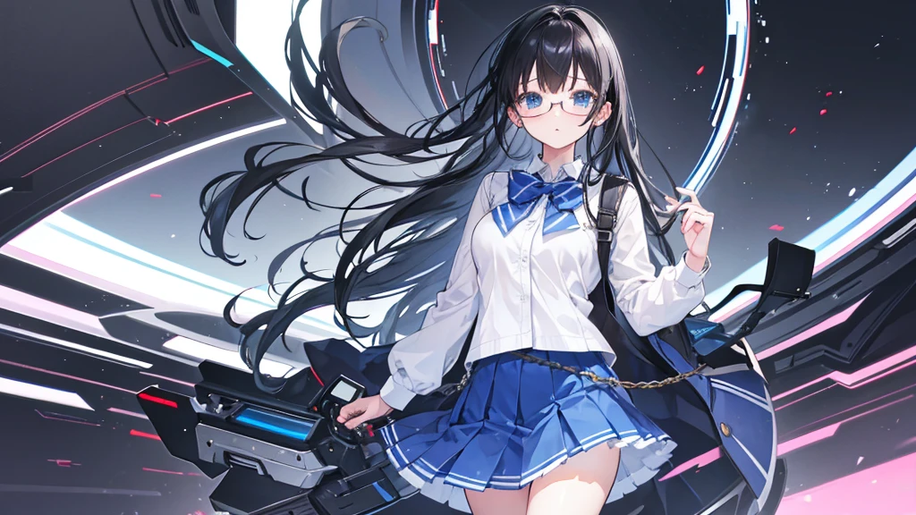 young girl, high , skirt, light blue eyes, black hair, glasses