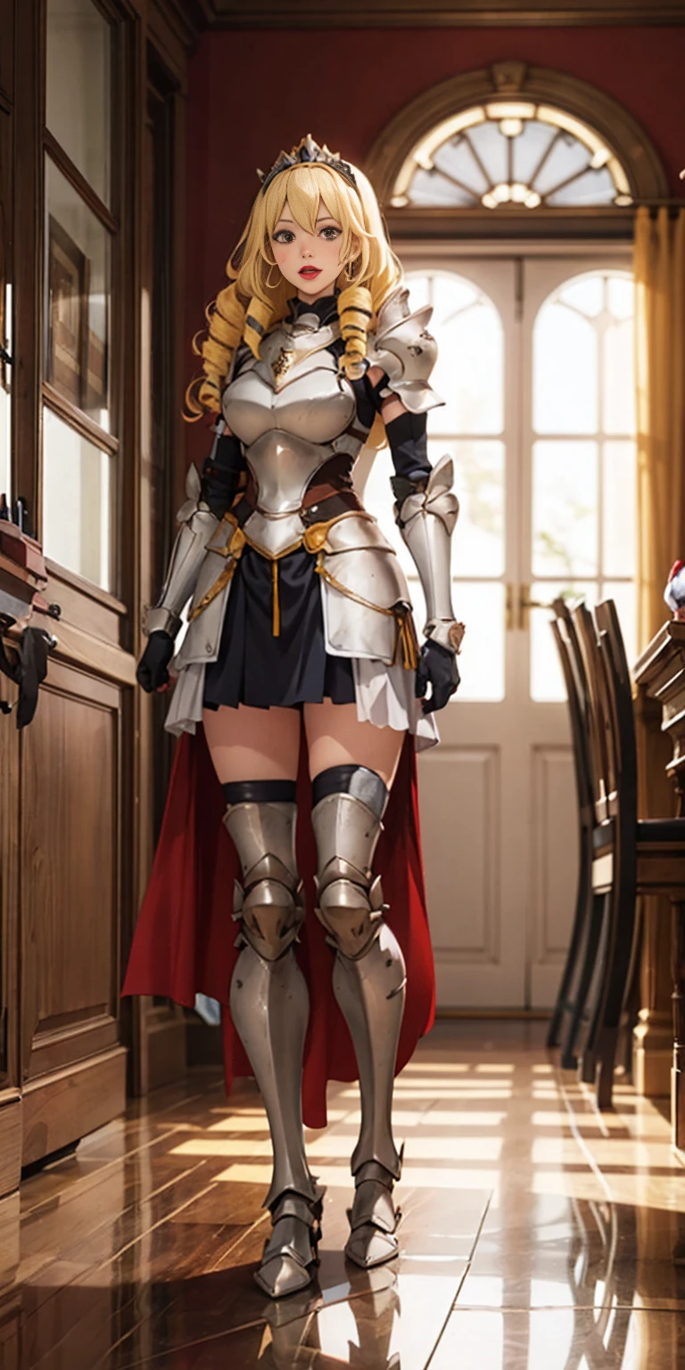 Full body 1chicasolo, long_Hair, rubio_Hair, Brown_eyes, jewelry, superior_body, lipstick, pindiintes, layer, armor, Drill_Hair, tiara, corona, shoulder_armor, red gauntlets, shoulder pads, breastpline, Style_parody, female knight, golden curls, cheered up_Colorant, looking_in_viewer