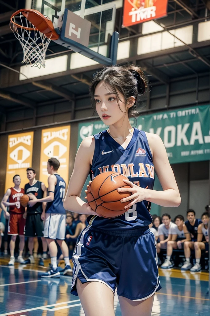 (((best quality))), (((ultra detailed))), (((masterpiece))), illustration, ((1girl,female basketball player,solo)),(slam dunk:1.3),(hands on the basket:1.3), intensity, determined expression, flushed face, perspiration, almond-shaped eyes, mesh jersey, team name and number, form-fitting shorts, athletic build, high-top basketball shoes, indoor basketball gym, well-lit, wooden floor, scoreboard, spectators, stands, action, impact, ball through the hoop, victory, achievement, dedication, skill,(basketball:1.3)