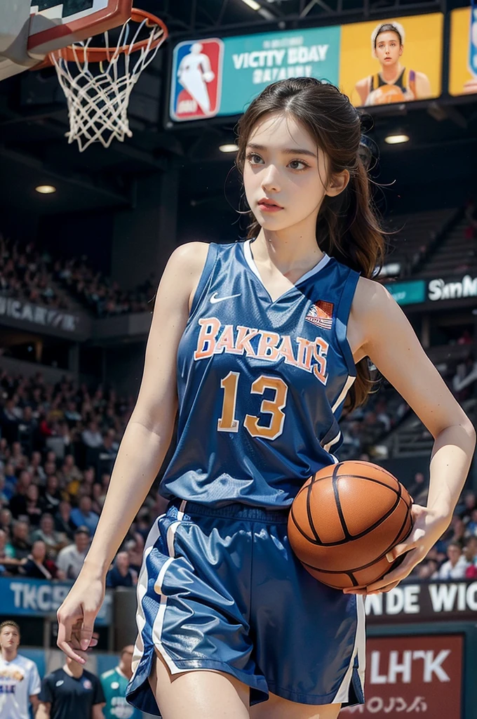 (((best quality))), (((ultra detailed))), (((masterpiece))), illustration, ((1girl,female basketball player,solo)),(slam dunk:1.3),(hands on the basket:1.3), intensity, determined expression, flushed face, perspiration, almond-shaped eyes, mesh jersey, team name and number, form-fitting shorts, athletic build, high-top basketball shoes, indoor basketball gym, well-lit, wooden floor, scoreboard, spectators, stands, action, impact, ball through the hoop, victory, achievement, dedication, skill,(basketball:1.3)