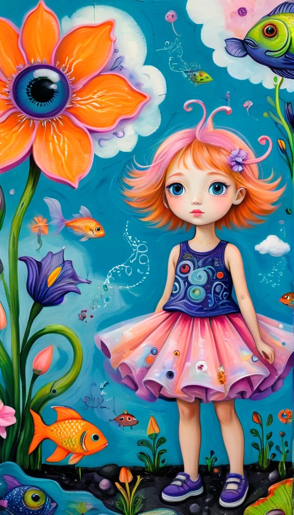 Children's graffiti,Thick coating,Concave and convex texture,Oil pastel strokes:Little monster wearing a pink flower bud skirt,A cloud,、iris、fish、Tentacles、bird、Eye、diatom,Abstract mosaic painting,Describing the inner world of autistic people,Sense of space,White Space,interesting,Innocence,Psychedelic Art,Orange overall