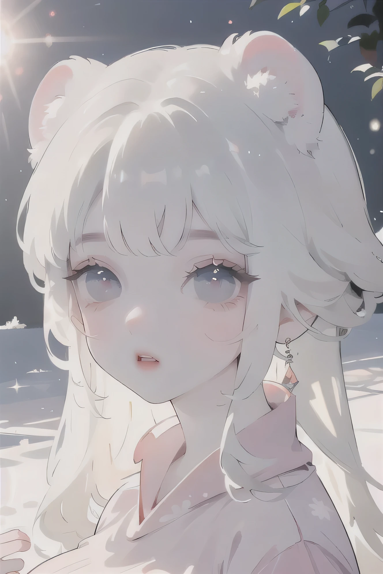 (a woman) (correct physiognomy) (perfect students) (perfect eyes) anime woman, deep white long and fluffy hair of color white, Two Ferret ears of color white coming out of his white head, lips sensitive, red of color eyes feminine appearance, soft facial features, thin eyebrows, soft skin, rosy cheeks, pink lips, silky eyelashes, dreamy expression, middle age, youthful clothing, print sweatshirt, photo illuminated by sunlight, Woman sitting on Snow.
