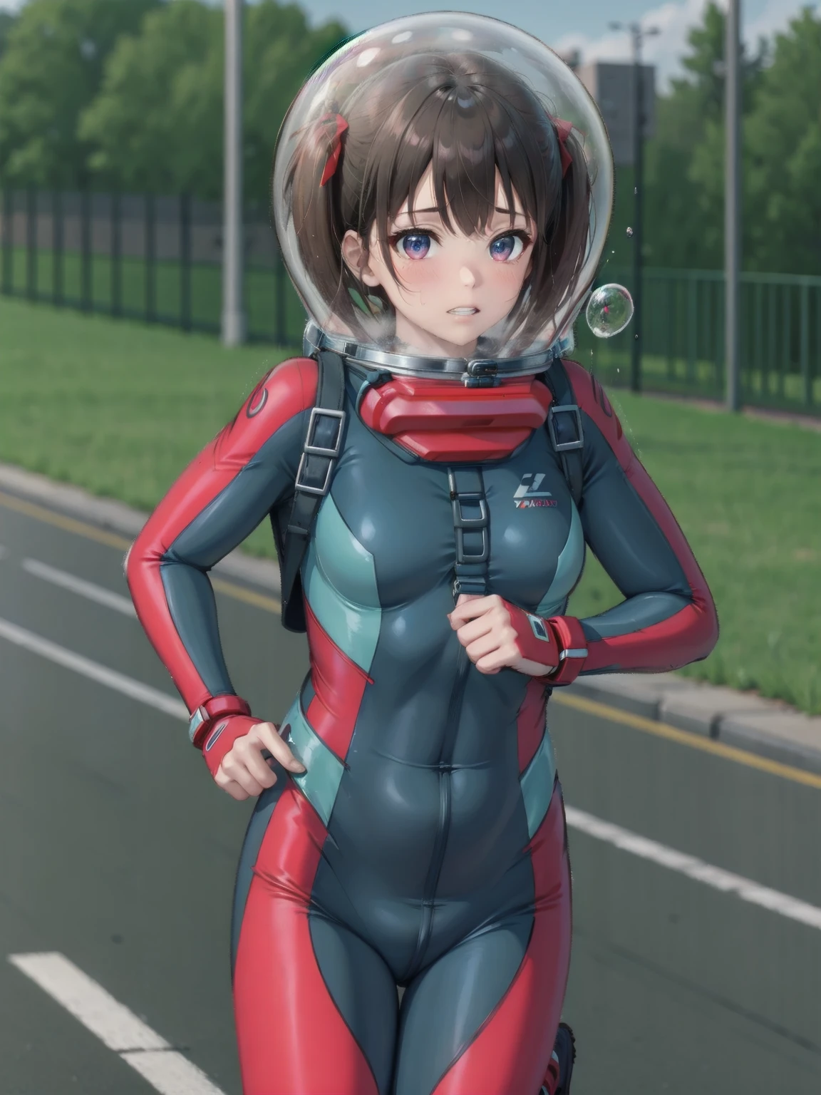 short hair, pink hair, street, emo,pink eyes, eyeliner, fortified suit, ((blue:1.5) plugsuit), short hair, (running fast:1.6),sweaty,clenched teeth,marathon event,looking ar forward,1),,asuka langley soryu, (souryuu asuka langley:1.2), short hair, bangs, blue eyes, brown hair, bodysuit, pilot suit, plugsuit, (red bodysuit:1.5, bubble helmet space helmet,twintails