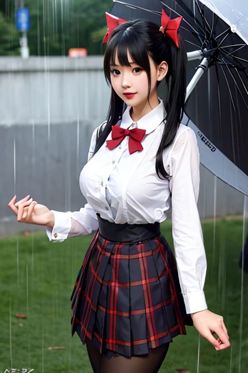 LingX,black hair,twintails,brown eyes,hair ornament, pantyhose (insanely detailed, masterpiece, best quality),solo, steam , rain , plaid skirt , pleated skirt , Tight shirt , white Shirt , school girl , red bow , red knot ,