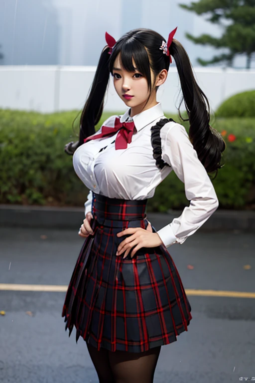 LingX,black hair,twintails,brown eyes,hair ornament, pantyhose (insanely detailed, masterpiece, best quality),solo, steam , rain , plaid skirt , pleated skirt , Tight shirt , white Shirt , school girl , red bow , red knot ,