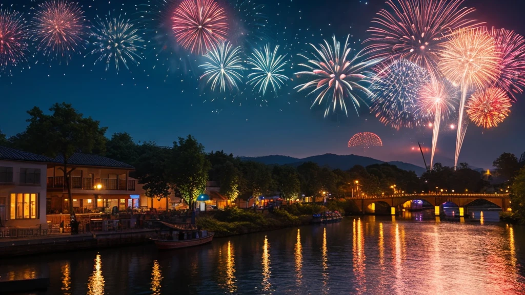 Riverside　night　firework　Highest quality　anime