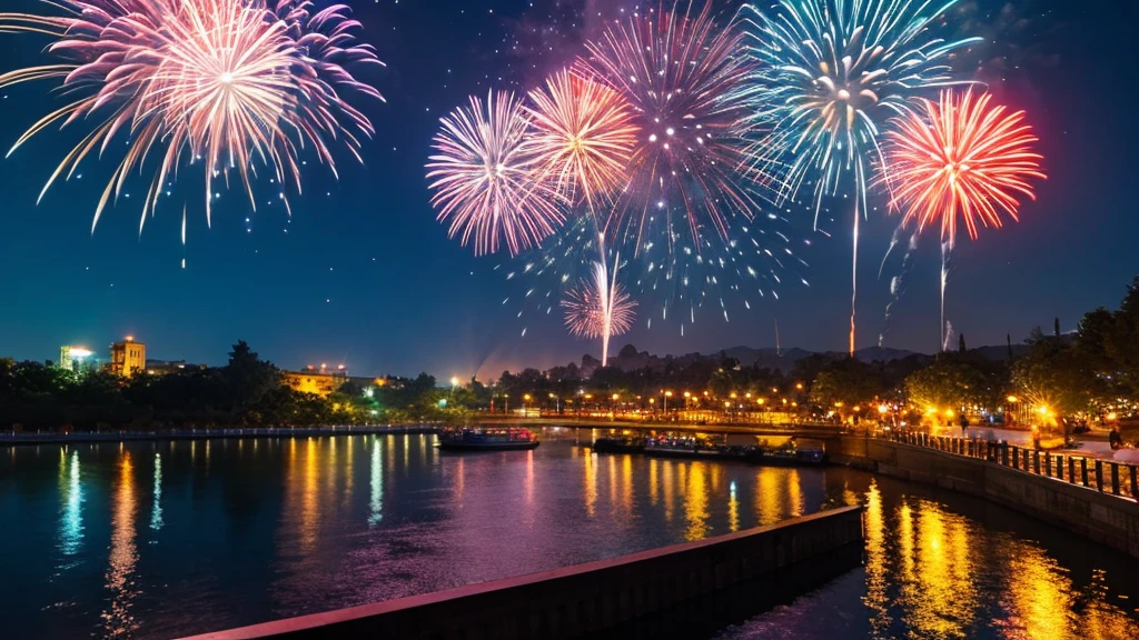Riverside night firework Highest quality anime