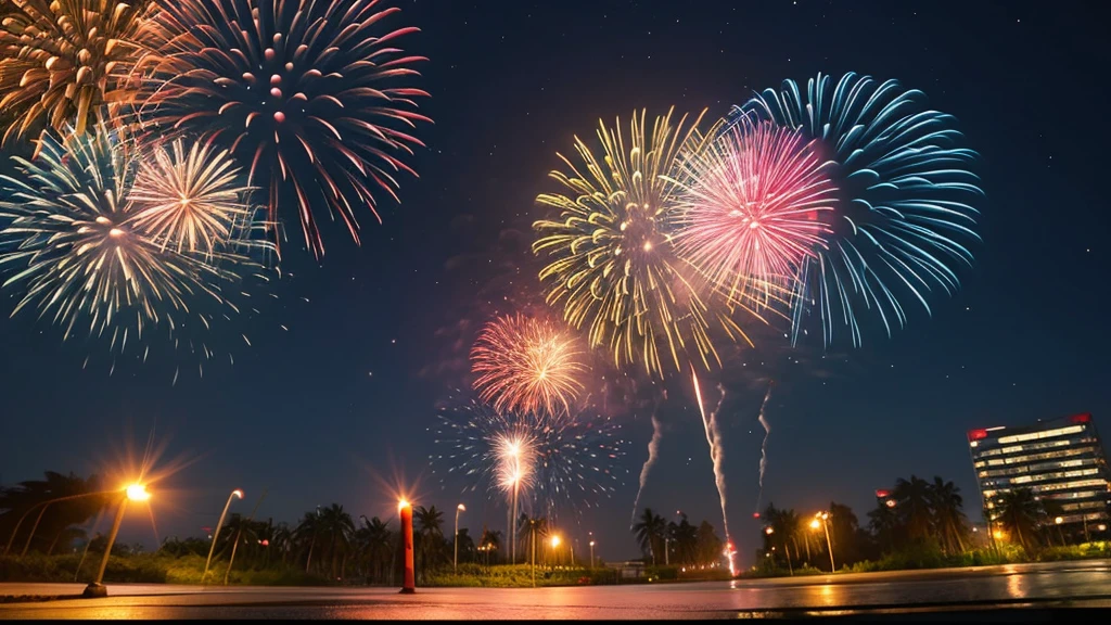 Riverside night firework Highest quality anime