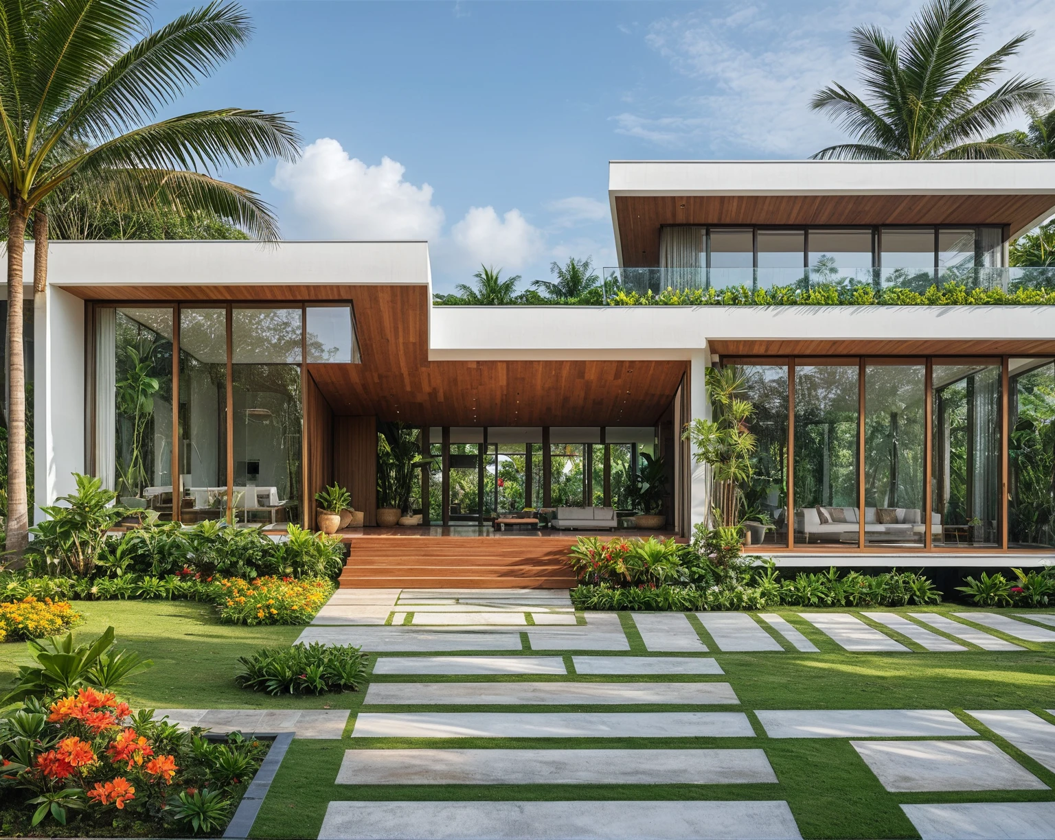 A hyper-realistic image of a modern house with a minimalist design, featuring a combination of wood and white materials. The house has a flat roof, large glass windows, and a balcony with a glass railing. The entrance is flanked by lush greenery and palm trees. There is a wooden gate in front and the garden includes various tropical plants. The overall ambiance is serene and contemporary, with detailed textures and realistic lighting, shadows, and reflections. The colors are vibrant and true to life, showcasing the natural beauty of the materials and the surrounding environment. Additionally, the house is surrounded by a well-maintained garden with various tropical plants and flowers, a clean street with a sidewalk, and a modern urban setting.

