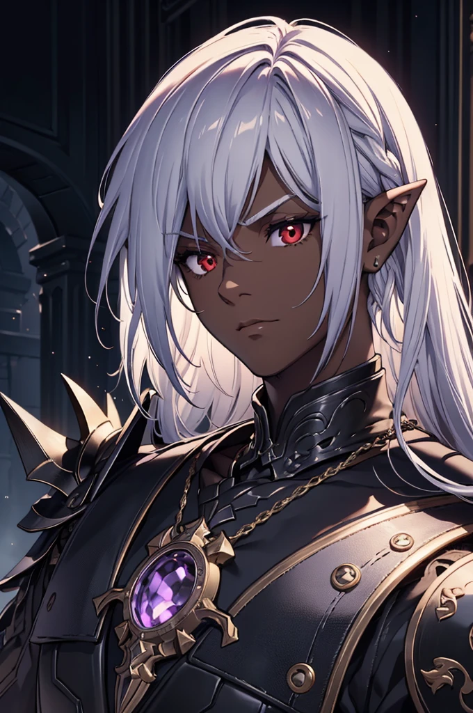 (Top quality details:1.22), 8K, High Resolution, Super detailed, High-quality texture, Intricate details, Detailed Texture, In detail, High detail, High Quality Shadows, Beautiful and kind eyes, Depth of written boundary, dark theme, 1boy, (mechanical steampunk armor), (wearing armor), fantasy illustration, (dark skinned), human, upper body, portrait, red eyes, long white hair, half-drow, pointy ears, serious face, young man, dramatic lighting, purple hue, art by Kinema Citrus