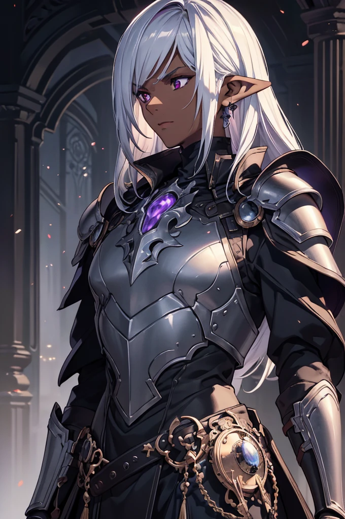 (Top quality details:1.22), 8K, High Resolution, Super detailed, High-quality texture, Intricate details, Detailed Texture, In detail, High detail, High Quality Shadows, Beautiful and kind eyes, Depth of written boundary, dark theme, 1boy, (mechanical steampunk armor), (wearing armor), fantasy illustration, (dark skinned), human, upper body, portrait, red eyes, long white hair, half-drow, pointy ears, serious face, young man, dramatic lighting, purple hue, art by Kinema Citrus