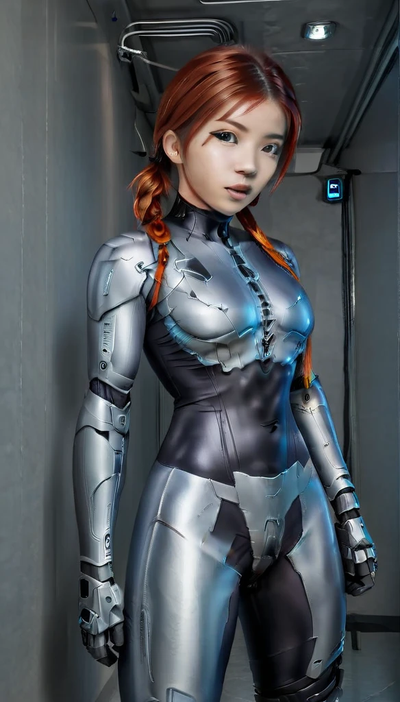 1 Girl、Medium Bust、solo、red Hair、Braid、Mobile Race Suit、Shoulder Armor、ceiling、Wide Shot、Looking Ahead、zipup suit 、Closed Mouth、Highest quality、medium quality、22 years old、Mobile Trace System、cockpit、Asian、CyborgCosplay

