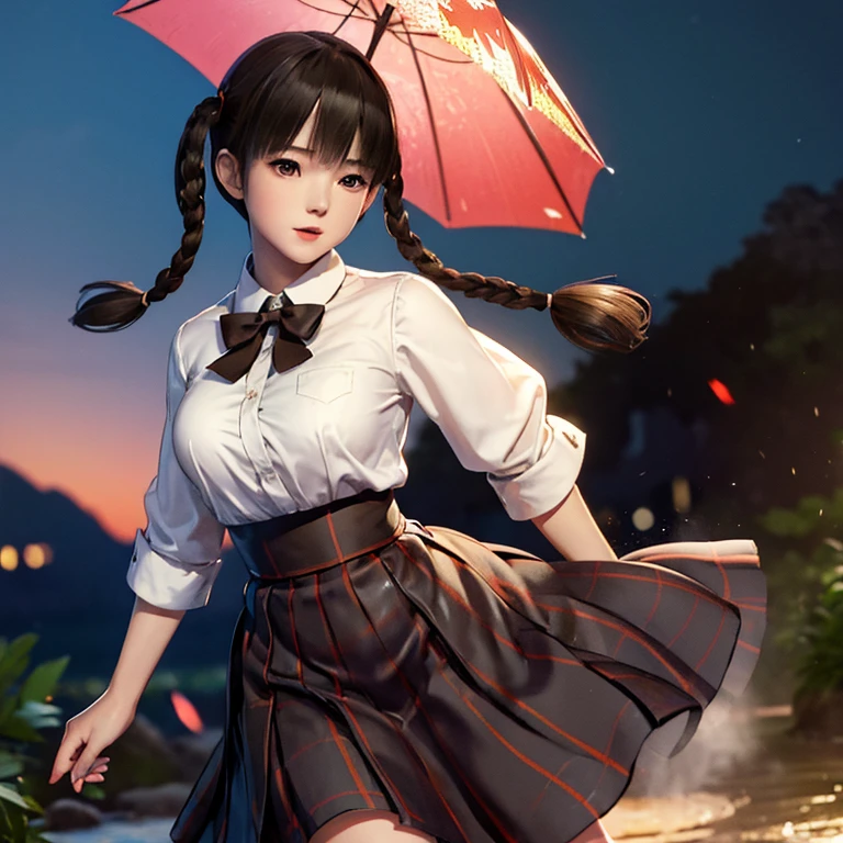 ((ultra detailed, masterpiece, absurdres)) DOALeiFang, 1girl, brown hair, brown eyes, twin braids, hair rings, portrait , steam , rain , plaid skirt , pleated skirt , Tight shirt , white Shirt , school girl , red bow , red knot ,