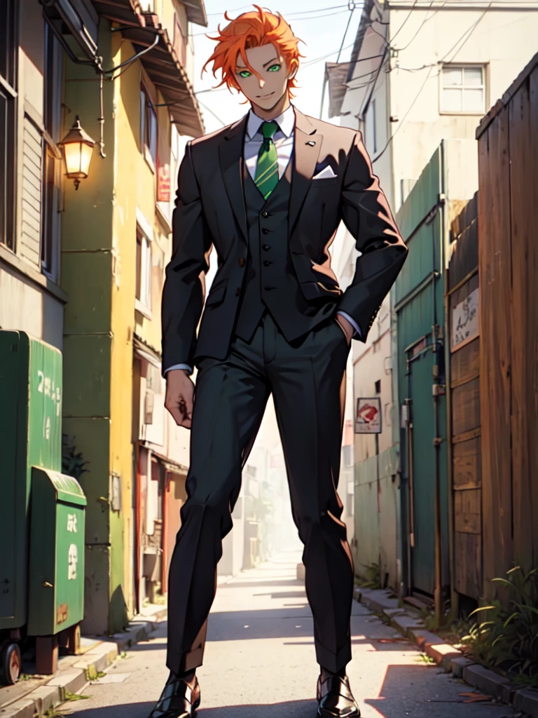 sexy, white skin, anime woman, happy, glowing green eyes, extremely short glowing orange hair, wearing a suit, big, full body