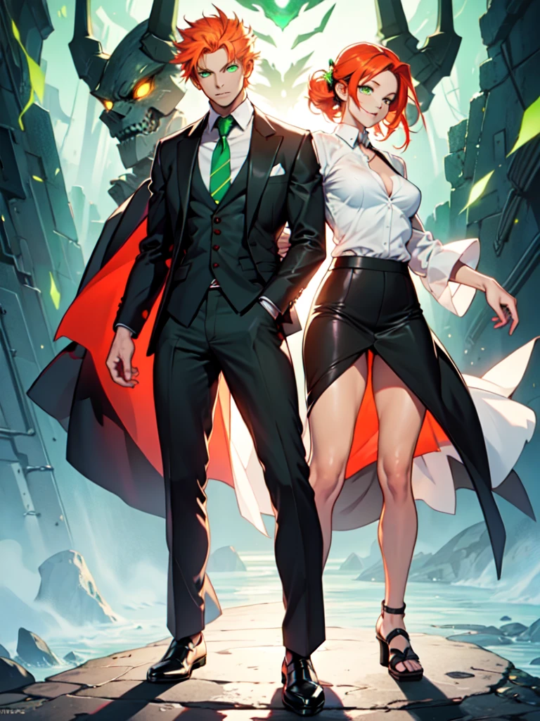 sexy, white skin, anime woman, happy, glowing green eyes, extremely short glowing orange hair, wearing a suit, big, full body