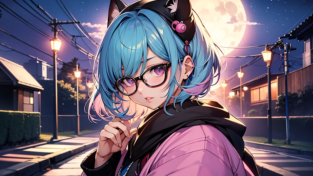 Japanese、1980s、woman、Manga style、Retro、Bob Hair、girl、Glasses、Body facing randomly、Pink Lips、18-year-old、Body facing randomly、Ice blue hair color、night、Dark Room、Illuminated by the moonlight、風は風が吹いて髪が揺れる 振り返る後ろ姿 窓の外にはネオンが照らすnight景が
