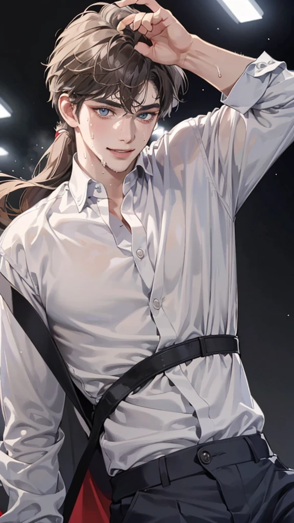 (masterpiece, High resolution, Super detailed:1.0), (1 male, Adult male, 27 years old, Soft and handsome face), Very high, the right amount of muscle, Detailed face, (gray brown hair, medium long hair, Center parted bangs), (blue eyes, Sagging eyes, long eyelashes), (Wearing a half-open white shirt, Black and gray cotton pants, show some skin), (sweat, Playful, Seductive smile:1.3), (light black background, front, looking at the audience), (SuperQuality:1.0)