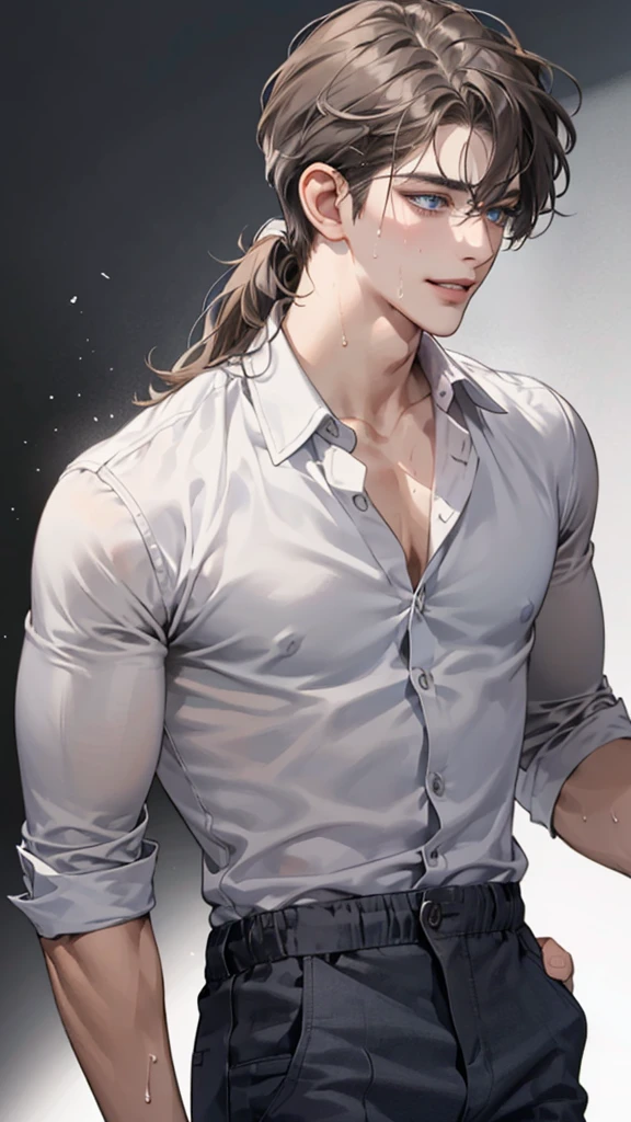 (masterpiece, High resolution, Super detailed:1.0), (1 male, Adult male, 27 years old, Soft and handsome face), Very high, the right amount of muscle, Detailed face, (gray brown hair, medium long hair, Center parted bangs), (blue eyes, Sagging eyes, long eyelashes), (Wearing a half-open white shirt, Black and gray cotton pants, show some skin), (sweat, Playful, Seductive smile:1.3), (light black background, front, looking at the audience), (SuperQuality:1.0)