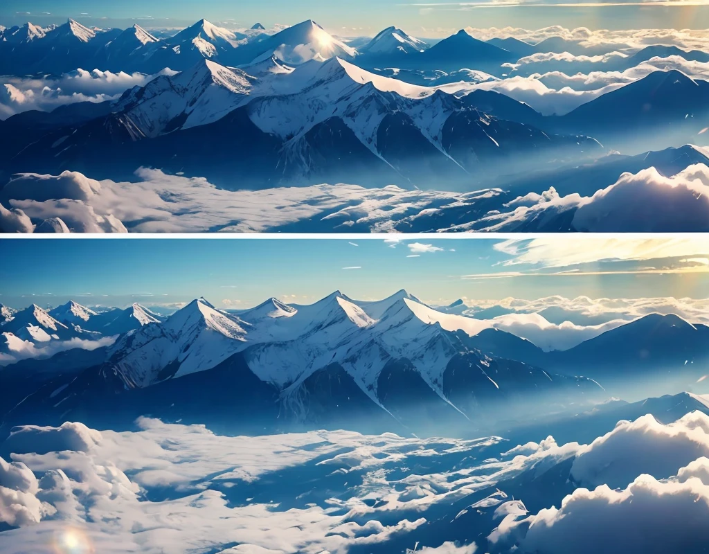 Seven photos with beautiful contrasts of light、Magnificent sea of clouds、wood々、The mountains were covered with snow々、sunny、There's a lot of lens flare、The morning sun shines brightly、The morning sun shines brightly、(Ultra-realistic:1.2), High resolution, (Bright colors, High resolution:1.1), (Sharp focus:1.1), (Physically Based Rendering:1.1), Tyndall effect, Colorful lights, (((Light shines through the gaps in the clouds))), Beautiful perspective, Contrasting Shadows, Moving configuration, Realistic scenery, unique configuration, Soft texture, Intricate details, Mysterious atmosphere, An artistic exploration of light and shadow,Golden dazzling light、A world view that captivates all who see it、The world of nature、View from 3000m above sea level and mountain hut