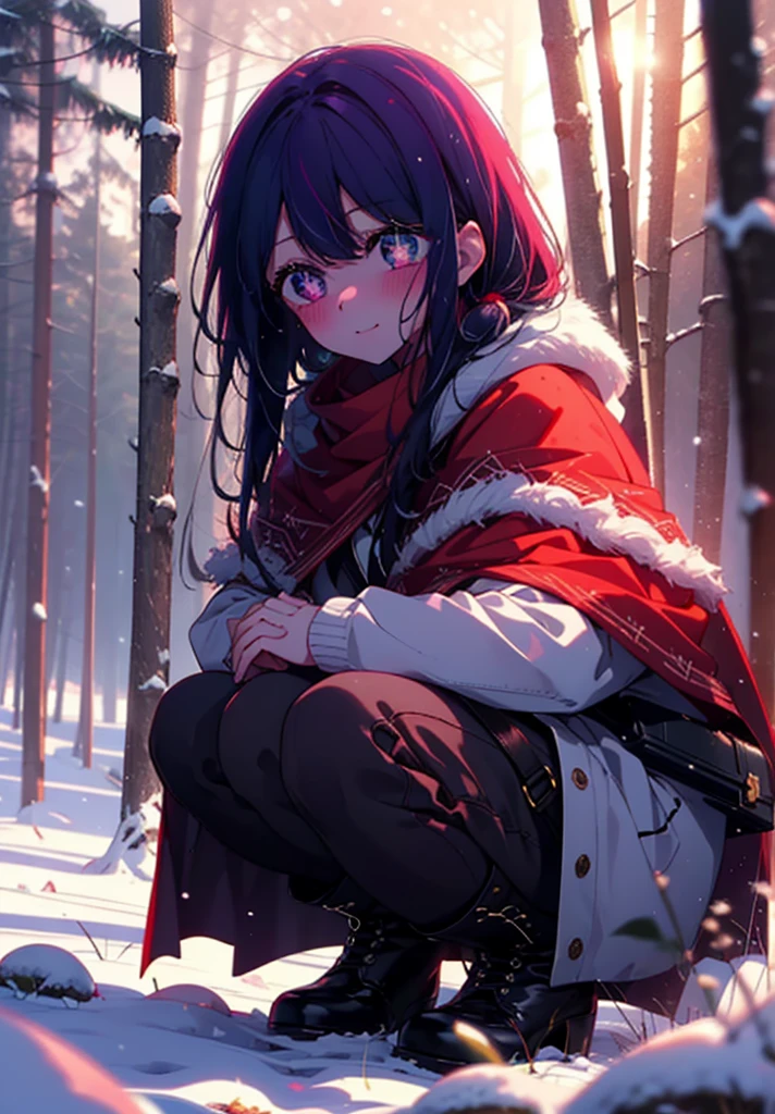 aihoshino, Ai Hoshino, Long Hair, bangs, (Purple eyes:1.1), Purple Hair, (Symbol-shaped pupil:1.5), smile,,smile,blush,White Breath,
Open your mouth,snow,Ground bonfire, Outdoor, boots, snowing, From the side, wood, suitcase, Cape, Blurred, , forest, White handbag, nature,  Squat, Mouth closed, Cape, winter, Written boundary depth, Black shoes, red Cape break looking at viewer, Upper Body, whole body, break Outdoor, forest, nature, break (masterpiece:1.2), Highest quality, High resolution, unity 8k wallpaper, (shape:0.8), (Beautiful and beautiful eyes:1.6), Highly detailed face, Perfect lighting, Extremely detailed CG, (Perfect hands, Perfect Anatomy),