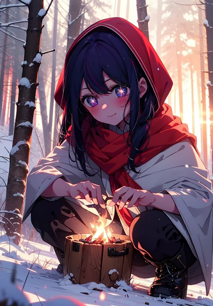 aihoshino, Ai Hoshino, Long Hair, bangs, (Purple eyes:1.1), Purple Hair, (Symbol-shaped pupil:1.5), smile,,smile,blush,White Breath,
Open your mouth,snow,Ground bonfire, Outdoor, boots, snowing, From the side, wood, suitcase, Cape, Blurred, , forest, White handbag, nature, Squat, Mouth closed, Cape, winter, Written boundary depth, Black shoes, red Cape break looking at viewer, Upper Body, whole body, break Outdoor, forest, nature, break (masterpiece:1.2), Highest quality, High resolution, unity 8k wallpaper, (shape:0.8), (Beautiful and beautiful eyes:1.6), Highly detailed face, Perfect lighting, Extremely detailed CG, (Perfect hands, Perfect Anatomy),
