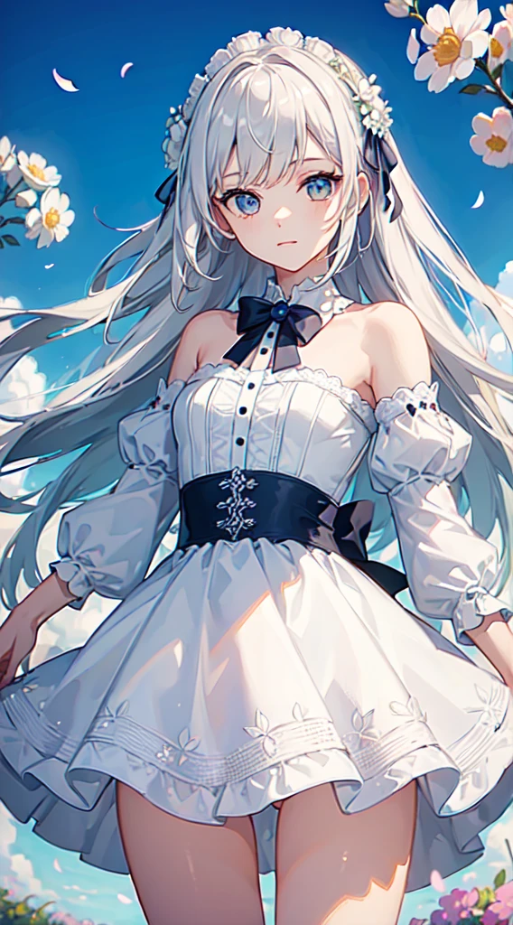 (masterpiece, best quality:1.6), white lace dress, cowboy shot, thighs, beautiful girl, (flowers, many small white petals:1.3), garden, blue sky, looking at viewer, small waist, official art, raw photo, incredibly absurdres, facelight, dynamic lighting, cinematic lighting, ultra realistic, highres, photography, sharp focus, highest detailed, extreme detailed, ultra detailed, finely detail, extremely detailed eyes and face
