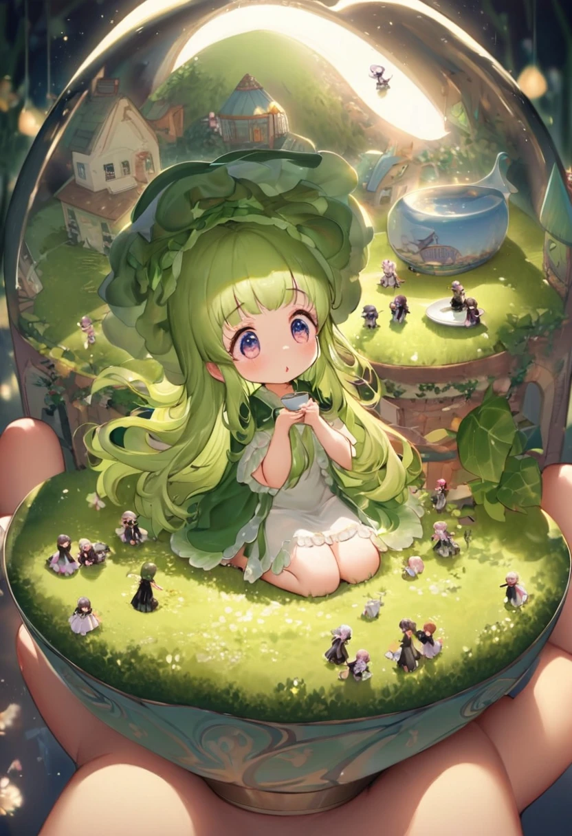 Create a heartwarming and whimsical illustration of a giantess tenderly taking care of a group of tiny people. The scene should convey a sense of nurturing and gentle interaction between the giantess and the tinies. The setting can be a natural environment .
(Giantess)
The giantess should have a kind and gentle expression, with soft features that convey warmth and compassion.
She wears simple, flowing clothes that give her a maternal and nurturing appearance, such as a long dress or a tunic.
Long and flowing hair, gently cascading over her shoulders. She is sitting or kneeling on the ground, holding some of the tinies in her hands. Her posture should be gentle and careful, showing her protective nature.
(Tinies)
A diverse group of tiny people, each with distinct features and expressions. They should look up at the giantess with trust and admiration.They wear simple, miniature clothes that reflect their different personalities and roles in their tiny community.
Some tinies are sitting in the giantess's hands, others are standing around her feet or climbing up her dress, and a few might be engaged in playful .
A lush, green meadow or a cozy corner of a giant, whimsical home filled with oversized furniture and natural elements.
In a home, include elements like a giant teacup, a tiny village built on a tabletop, and soft, warm lighting.
- **Lighting:** Soft, warm light that enhances the tender and nurturing mood of the scene.