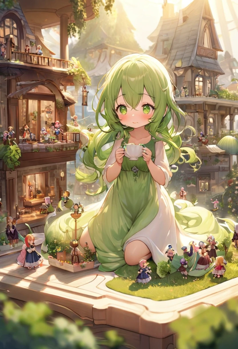 Create a heartwarming and whimsical illustration of a giantess tenderly taking care of a group of tiny people. The scene should convey a sense of nurturing and gentle interaction between the giantess and the tinies. The setting can be a natural environment .
(Giantess)
The giantess should have a kind and gentle expression, with soft features that convey warmth and compassion.
She wears simple, flowing clothes that give her a maternal and nurturing appearance, such as a long dress or a tunic.
Long and flowing hair, gently cascading over her shoulders. She is sitting or kneeling on the ground, holding some of the tinies in her hands. Her posture should be gentle and careful, showing her protective nature.
(Tinies)
A diverse group of tiny people, each with distinct features and expressions. They should look up at the giantess with trust and admiration.They wear simple, miniature clothes that reflect their different personalities and roles in their tiny community.
Some tinies are sitting in the giantess's hands, others are standing around her feet or climbing up her dress, and a few might be engaged in playful .
A lush, green meadow or a cozy corner of a giant, whimsical home filled with oversized furniture and natural elements.
In a home, include elements like a giant teacup, a tiny village built on a tabletop, and soft, warm lighting.
- **Lighting:** Soft, warm light that enhances the tender and nurturing mood of the scene.
