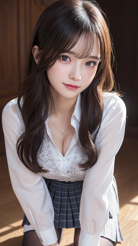 Innocent 16 year old girl、((school uniform,Unbuttoned white shirt,skirt,pantyhose,dramatic pose)),cute face,bright eyes,tear bag,shy smile,shortcut,bed background,Raw photo, (8K、highest quality、masterpiece:1.2)、(intricate details:1.4)、(photorealistic:1.4)、octane rendering、Intricate 3D rendering super detailed, studio soft light, rim light, vivid details, super detail, realistic skin texture, details face, beautiful detail eyes, Highly detailed CG Unity 16k wallpaper, Makeup, (Detailed background:1.2), shiny skin, whole body、Draw from head to knees、cleavage,((stand on your knees with your legs apart))
