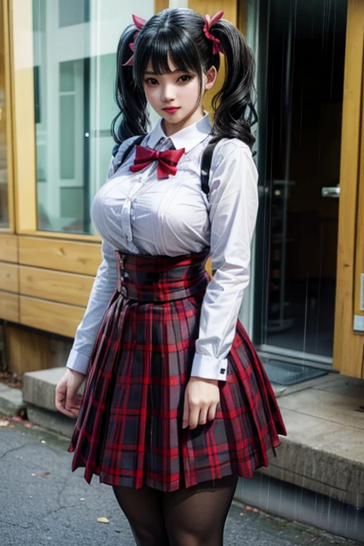 LingX,black hair,twintails,brown eyes,hair ornament, pantyhose (insanely detailed, masterpiece, best quality),solo, steam , rain , plaid skirt , pleated skirt , Tight shirt , white Shirt , school girl , red bow , red knot ,