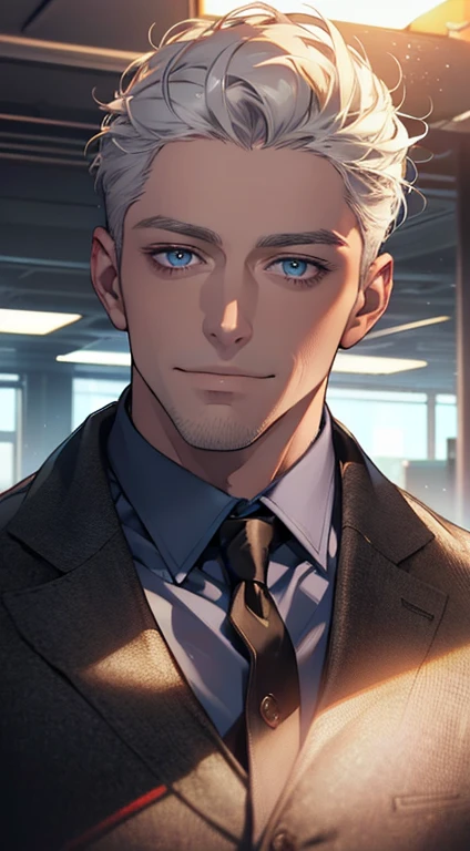 (best quality, masterpiece, 8K, photorealistic, cinematic lighting, hdr image, ultra detailed, beautiful image), 1 man, 31 years old, mature man, very handsome, (without expression, smile), short white hair, blue eyes ( penetrating gaze), perfect face without errors, imposing posture, without errors, businessman, office background