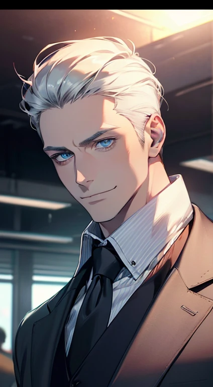 (best quality, masterpiece, 8K, photorealistic, cinematic lighting, hdr image, ultra detailed, beautiful image), 1 man, 31 years old, mature man, very handsome, (without expression, smile), short white hair, blue eyes ( penetrating gaze), perfect face without errors, imposing posture, without errors, businessman, office background