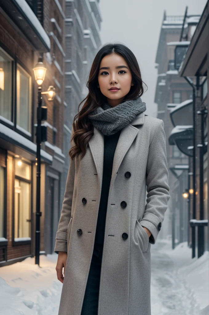 symmetrical face, cute natural makeup, wearing elegant warm winter fashion clothing, ((standing outside in snowy city street)), stunning modern urban environment, ultra realistic, concept art, elegant, highly detailed, intricate, sharp focus, depth of field, f/1. 8, 85mm, medium shot, mid shot, (((professionally color graded))), bright soft diffused light, (volumetric fog), trending on instagram, hdr 4k, 8k