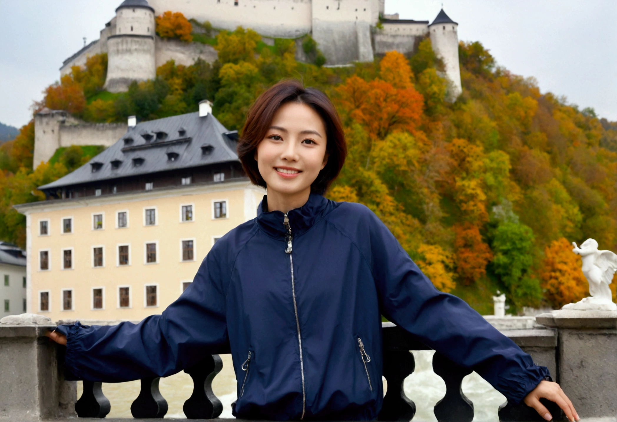 high quality, 1 woman, ((36-year-old healthy Korean woman)), ((36 years old)), 1 woman, The eyes are big, clear and pretty.. ((slim)), ((short medium hair)), Smile. pose: standing, windbreaker jacket, background:Your residence is a baroque townhouse with a plaster façade and wrought iron railings.., autumn, Maple, Overlooking the Burgburg River and Hohensalzburg Fortress, Germany, looking slightly up, 1 woman, Full body shot with Canon 16-34 wide angle lens, river view