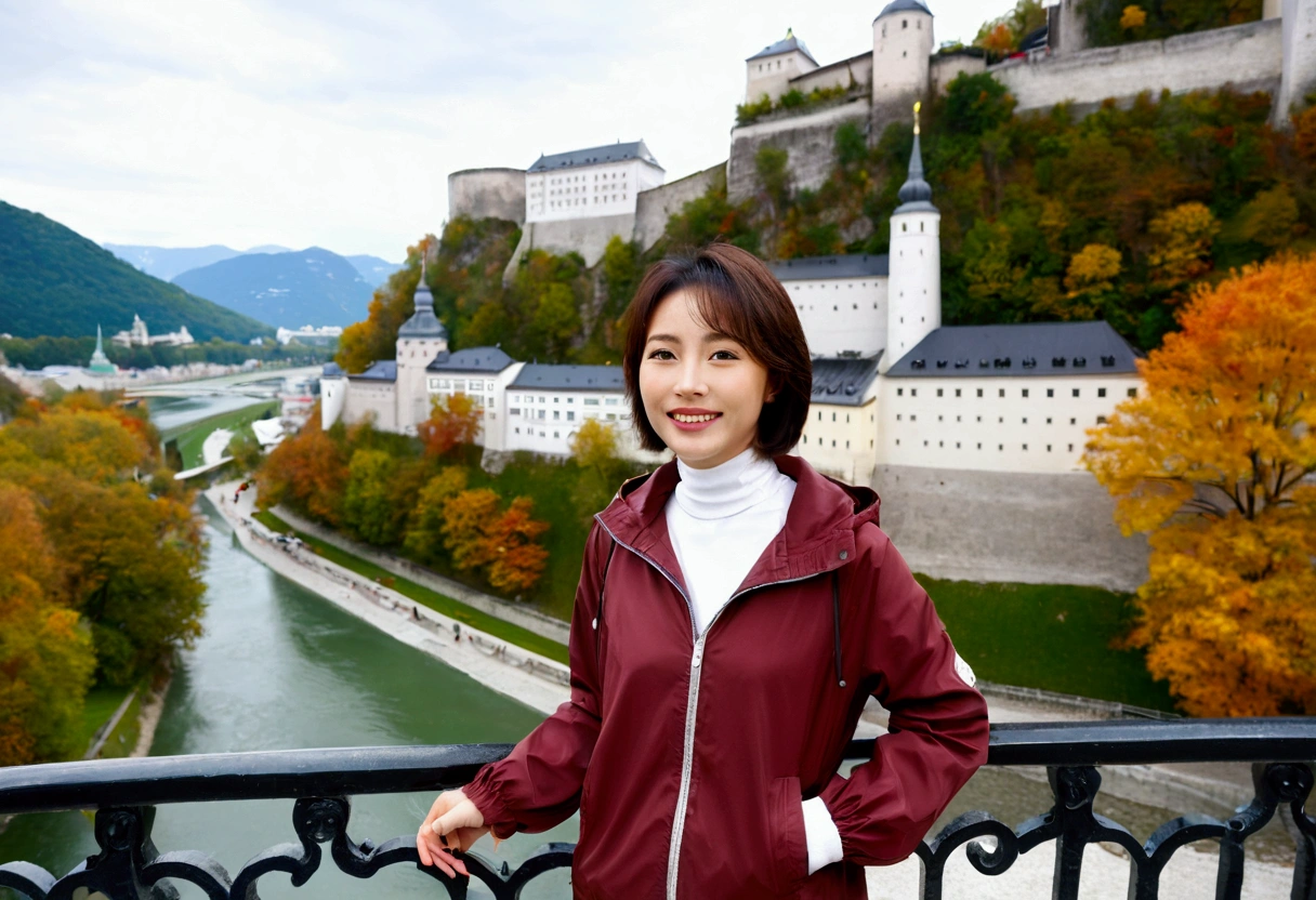 high quality, 1 woman, ((36-year-old healthy Korean woman)), ((36 years old)), 1 woman, The eyes are big, clear and pretty.. ((slim)), ((short medium hair)), Smile. pose: standing, windbreaker jacket, background:Your residence is a baroque townhouse with a plaster façade and wrought iron railings.., autumn, Maple, Overlooking the Burgburg River and Hohensalzburg Fortress, Germany, looking slightly up, 1 woman, Full body shot with Canon 16-34 wide angle lens, river view