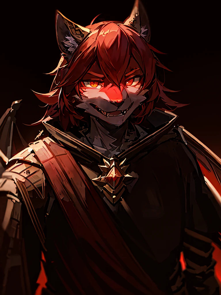 A vampire lord inspired by skyrim, a black wolf male furry with red hair and golden eyes, wearing cape and crown, wings, intricate detailed scales, glowing red eyes, sharp fangs, dramatic lighting, cinematic composition, chiaroscuro, dark fantasy, gothic, dramatic shadows, moody atmosphere, rich colors, highly detailed, photorealistic, 8k, best quality, masterpiece