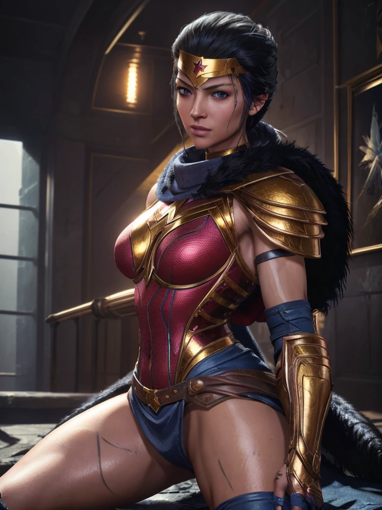 (Best Quality, high resolution, artwork :1.3), Very detailed texture of the face and skin., detailed eyes, double eyelid, Wonder Woman,DC,Alternative hairstyle,black fur,Blue eyes,looking at the viewer,muscled woman,shiny skin,legs open,correa,top-less