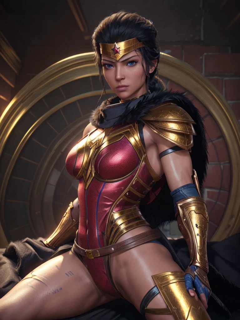 (Best Quality, high resolution, artwork :1.3), Very detailed texture of the face and skin., detailed eyes, double eyelid, Wonder Woman,DC,Alternative hairstyle,black fur,Blue eyes,looking at the viewer,muscled woman,shiny skin,legs open,correa,top-less