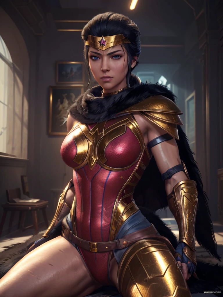 (Best Quality, high resolution, artwork :1.3), Very detailed texture of the face and skin., detailed eyes, double eyelid, Wonder Woman,DC,Alternative hairstyle,black fur,Blue eyes,looking at the viewer,muscled woman,shiny skin,legs open,correa,top-less