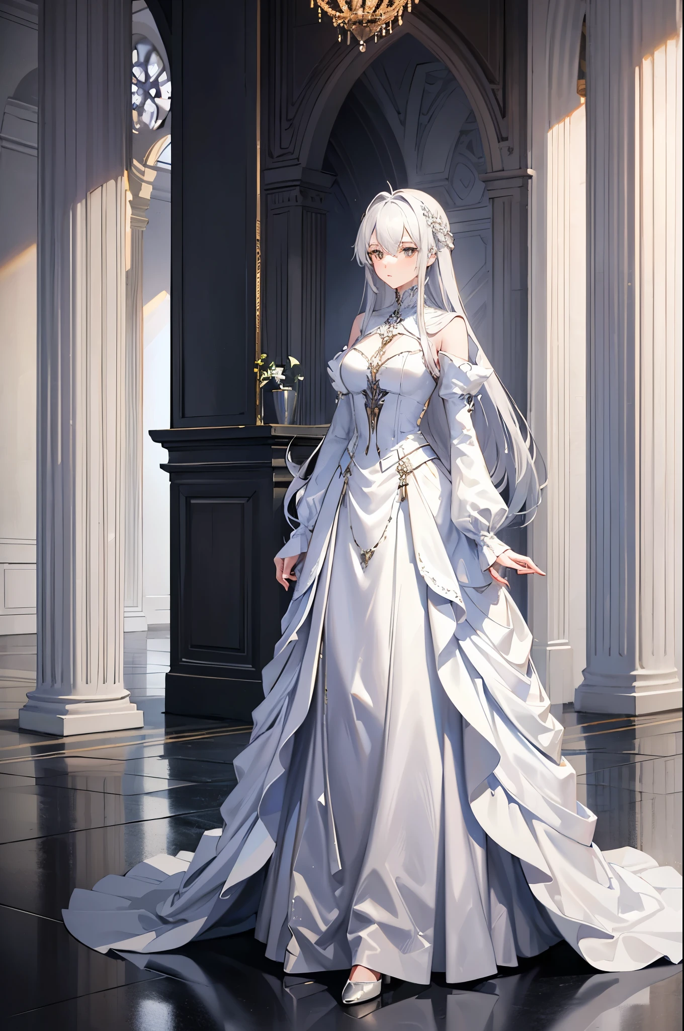 1woman, tall, silver hair, white dress, standing on ground, high res, ultra sharp, 8K, masterpiece