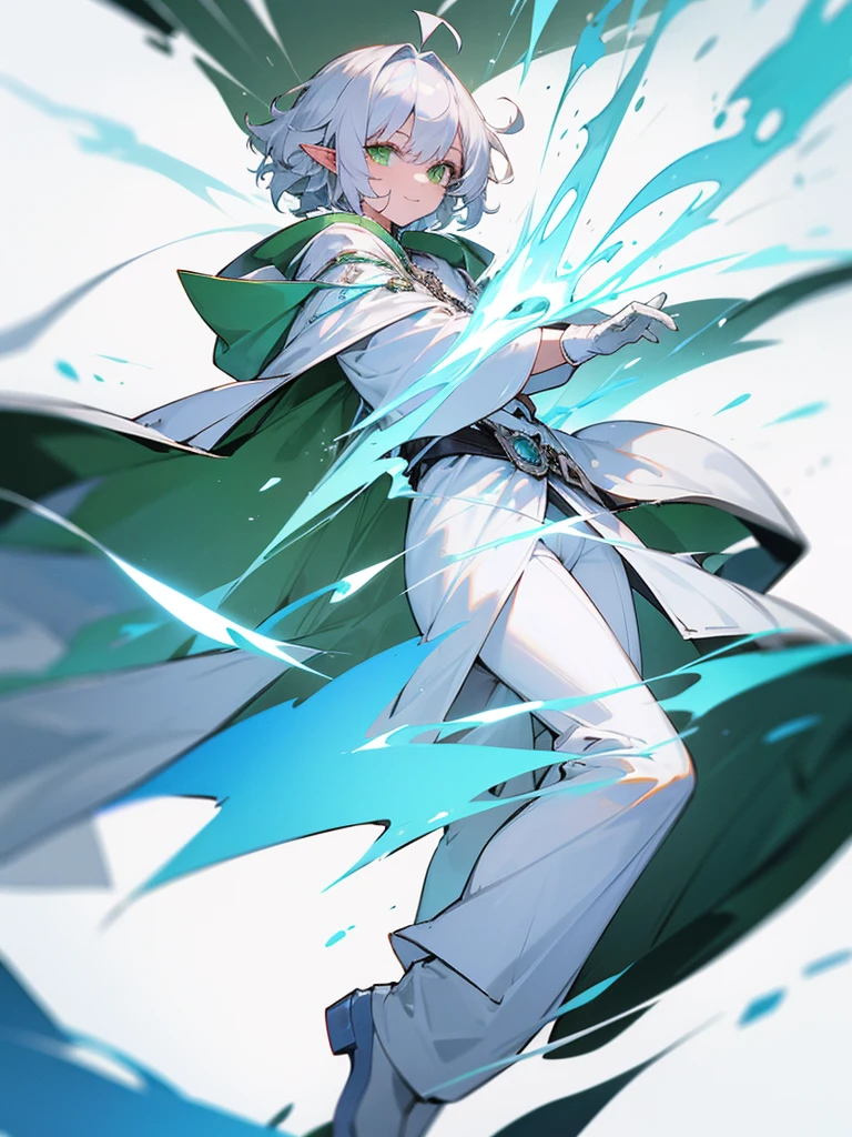 Elf, silver hair,short hair, medium cut, ahoge, curly hair,green eyes,slender, fair skin, cool Smile, robe, cloak, White gloves, long boots, pants, ice loads magic effect,